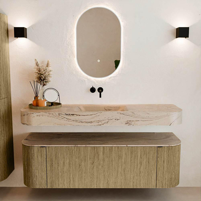 MONDIAZ THOR-DLUX 150cm meuble de salle de bains arrondi gauche + droite couleur Dusk avec 1 tiroir et 2 portes. Vasque suspendue CLOUD centrale sans trou de robinet couleur Arena.