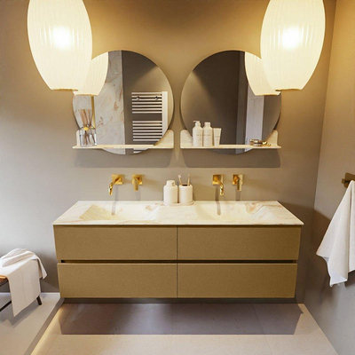 Mondiaz VICA-DLUX ensemble de meuble de salle de bain - 150cm - meuble sous-vasque oro - 4 tiroirs - lavabo encastré cloud double - sans trous de robinet - version haute de 60cm - frape