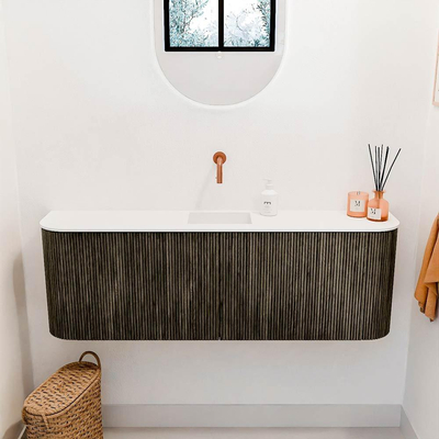 Mondiaz JOYA Meuble de toilette 123,2cm - arrondis gauche et droite couleur Shadow - Vasque FAYE position Milieu Sans trou de robinet couleur Talc