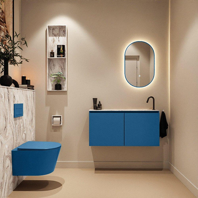 MONDIAZ TURE-DLUX Meuble toilette - 100cm - Jeans - EDEN - vasque Glace - position droite - 1 trou de robinet