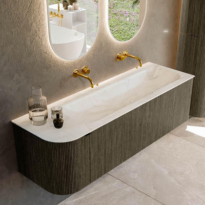 Mondiaz KURVE-DLUX Badkamermeubelset - 145x46x40cm - 1 lade - 1 deur - wastafel solid surface - rechts - zonder kraangat - Shadow