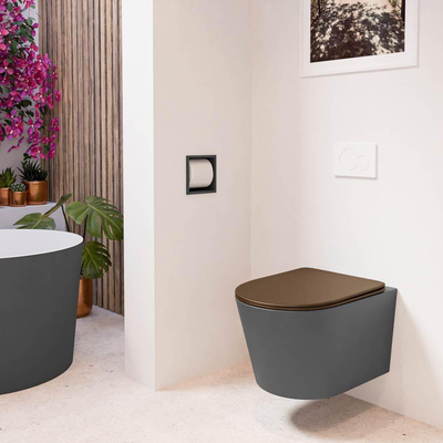 Mondiaz LAVIE hangtoilet – spoelrandloos – 36 x 53 cm – met softclose zitting – Dark grey (grijs), zitting Rust (bruin)
