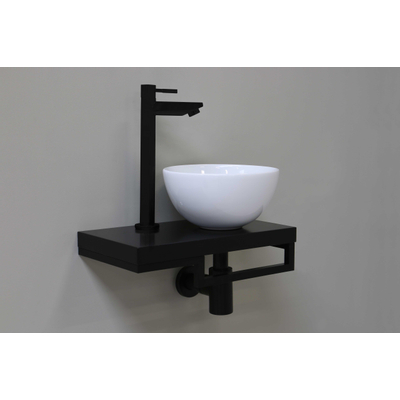 Proline Pack lave-mains 40x23cm avec vasque en céramique blanc brillant droite, plan noir et robinet, siphon et bonde noir mat