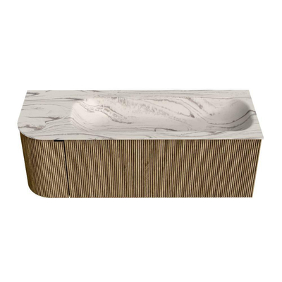 MONDIAZ KURVE-DLUX meuble de salle de bains 125 cm courbe à gauche couleur Dusk avec 1 tiroir et 1 porte. Lavabo BIG MEDIUM à droite 1 trou de robinet Nata.