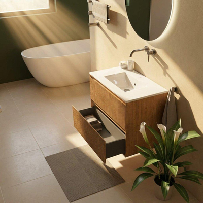 Saniclass Holz Atelier Ensemble meuble de salle de bains - 80x45x62cm - Vygo lavabo en céramique blanc - 1 vasque - sans trou de robinetterie - 2 tiroirs - chêne naturel mat (bois)
