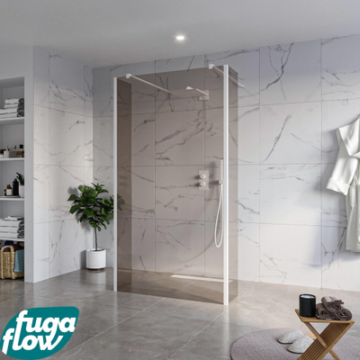 FugaFlow Eccelente Vetro Vrijstaande inloopdouche badkamer - 110x200cm - Rookglas - antikalk - 8mm veiligheidsglas - 2 zijwanden 40cm - met wandarmen en hoekprofielen - Wit mat -
