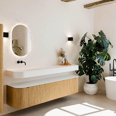 MONDIAZ THOR Meuble de salle de bains 190cm arrondi gauche + droite couleur Oak avec 2 tiroirs et 2 portes. Vasque suspendue CLOUD Gauche sans trou de robinet couleur Talc.