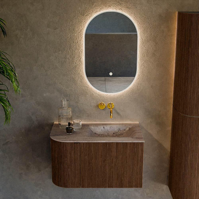 MONDIAZ KURVE-DLUX Meuble de salle de bains 75cm arrondi à gauche couleur Walnut avec 1 tiroir et 1 porte. Lavabo GRUNNE à droite sans trou de robinet Oza.