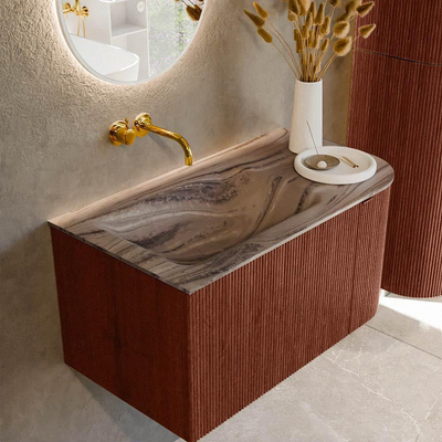 MONDIAZ KURVE-DLUX Meuble de salle de bains 85cm arrondi à droite couleur Ruby avec 1 tiroir et 1 porte. Lavabo CLOUD gauche sans trou de robinet Sombra.