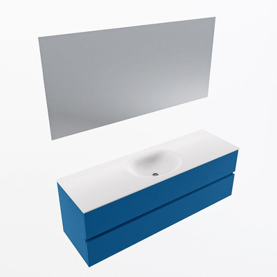 Mondiaz VICA ensemble de meuble de salle de bain - 150cm - meuble sous-vasque jeans - 2 tiroirs - lavabo moon milieu - 1 trou de robinet - couleur talc - miroir LED - version XL 60cm de haut