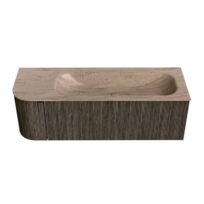 MONDIAZ KURVE-DLUX Meuble de salle de bains 135cm arrondi à gauche couleur Shadow avec 1 tiroir et 1 porte. Lavabo BIG MEDIUM à droite sans trou de robinet Saba.