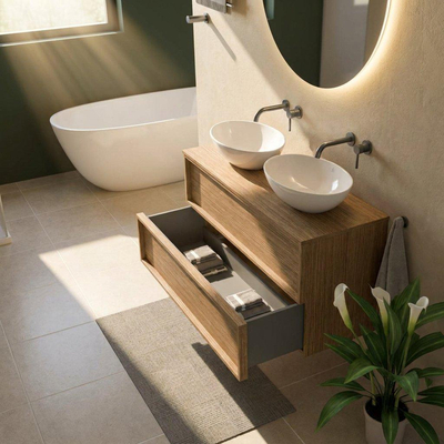 Saniclass Holz Frame Ensemble de meubles de salle de bains - 120x45x62cm - plan de toilette en bois - sans trou de robinet - 2 tiroirs - chêne naturel mat (bois)