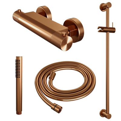 Brauer Copper Carving Ensemble de douche thermostatique avec pommeau cm et bras cm et douchette Stylo 1 jet flexible lisse avec coude mural courbé Cuivre brossé PVD