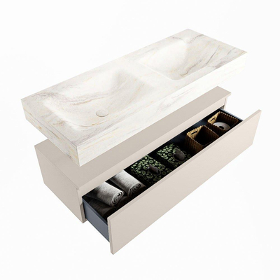 Mondiaz ALAN-DLUX Ensemble de meuble - 120cm - meuble Linen mat - 1 tiroir - Lavabo Cloud Ostra suspendu - vasque Gauche et droite - 0 trous de robinet