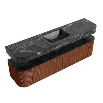 MONDIAZ THOR-DLUX 190cm badmeubel ronding links + rechts kleur Ruby met 2 lades en 2 deuren. Vrijhangende wastafel CLOUD Midden zonder kraangat kleur Lava.