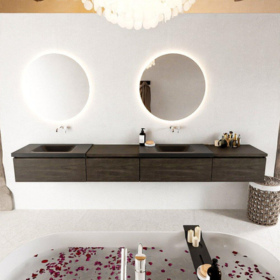 MONDIAZ BUKLA 280cm ensemble de meuble avec module 60 gauche couleur Marron Foncé avec 4 tiroirs. Lavabo CLOUD double 0 trou de robinet couleur Urban.