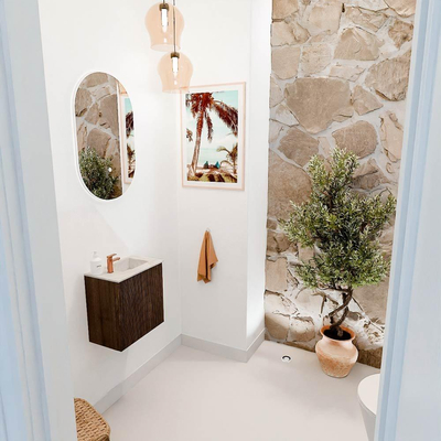 Mondiaz JOYA-DLUX 40cm toiletmeubel - kleur Walnut - Wastafel FAYE positie Rechts 1 kraangat kleur Ostra.