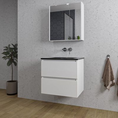 Saniclass Chaci Ensemble meuble de salle de bains - 60x46x55cm - lavabo céramique noir - 1 vasque - sans trou de robinetterie - 2 tiroirs - armoire de toilette - blanc mat