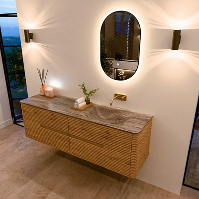 Mondiaz CIRO-DLUX Badkamermeubelset - 160x45x50cm - Solid surface wastafel Oza - 1 wasbak Rechts - zonder kraangaten - 4 lades - Oak