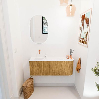 Mondiaz JOYA 111.6cm toiletmeubel - ronding rechts kleur Oak - Wastafel FAYE positie Links Zonder kraangat kleur Talc.