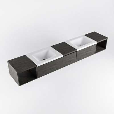 MONDIAZ BUKLA 240cm ensemble de meuble avec module ouvert 40 L+R couleur Marron Foncé avec 3 tiroirs. Lavabo CLOUD double 0 trous de robinet couleur Talc.