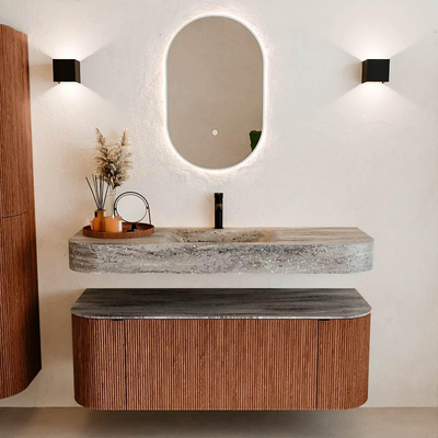 MONDIAZ THOR-DLUX 130cm badmeubel ronding links + rechts kleur Ruby met 1 lade en 2 deuren. Vrijhangende wastafel CLOUD Midden 1 kraangat kleur Oza.