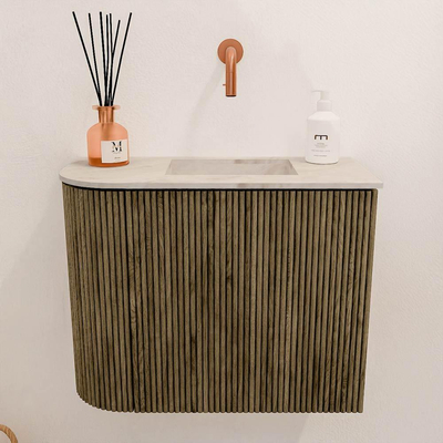 Mondiaz JOYA-DLUX 51.6cm toiletmeubel - ronding links kleur Dusk - Wastafel FAYE positie Rechts Zonder kraangat kleur Frappe.