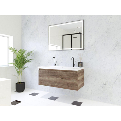 HR Matrix ensemble meuble de salle de bain 3d 100cm 1 tiroir sans poignée avec bandeau couleur charleston avec vasque djazz 2 trous de robinetterie blanc