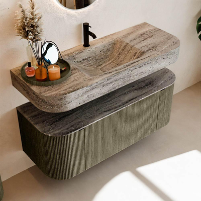 MONDIAZ THOR-DLUX Meuble de salle de bains 120cm arrondi gauche + droite couleur Shadow avec 1 tiroir et 2 portes. Vasque suspendue CLOUD Milieu 1 trou de robinet couleur Oza.