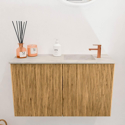 Mondiaz JOYA-DLUX 70cm toiletmeubel - kleur Oak - Wastafel FAYE positie Rechts 1 kraangat kleur Ostra.