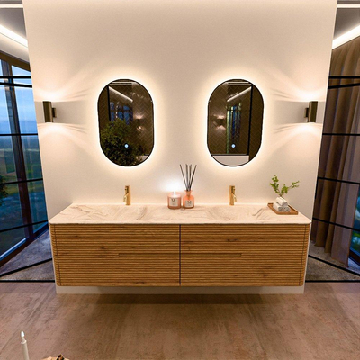 Mondiaz CIRO-DLUX Meuble de salle de bains complet - 190x45x50cm - Plan vasque solid surface Frappe - 2 vasques double - 2 perçages pour robinet - 4 tiroirs - Chêne