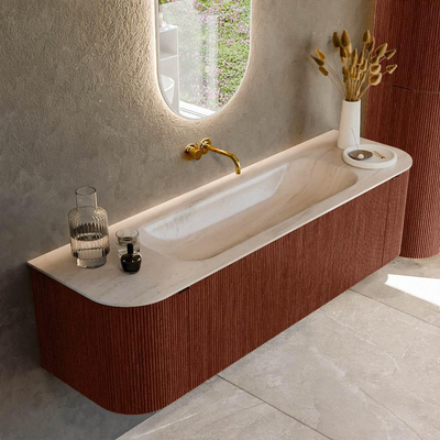 MONDIAZ KURVE-DLUX 160cm badmeubel ronding Links + Rechts kleur Ruby met 1 lade en 2 deuren. Wastafel BIG MEDIUM Midden zonder kraangat Meli.