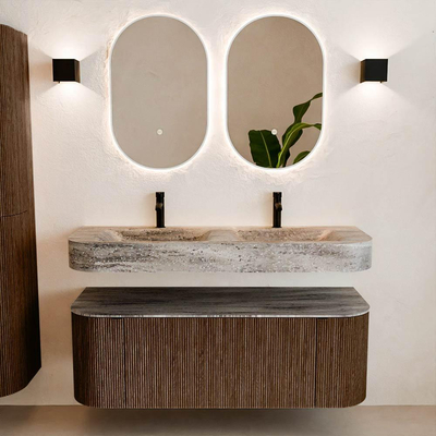 MONDIAZ THOR-DLUX 130cm badmeubel ronding links + rechts kleur Walnut met 1 lade en 2 deuren. Vrijhangende wastafel CLOUD Dubbel 2 kraangaten kleur Oza.