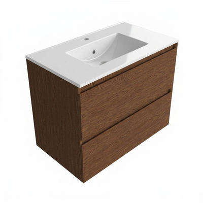 Saniclass Holz Pure Badkamermeubelset - 80x45x62cm - Vygo keramische wastafel - 1 wasbak - 1 kraangat - met overloop - 2 lades - mat walnut pure (hout)