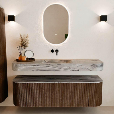 MONDIAZ THOR-DLUX 150cm badmeubel ronding links + rechts kleur Walnut met 1 lade en 2 deuren. Vrijhangende wastafel CLOUD Midden zonder kraangat kleur Sombra.