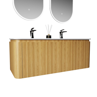 Saniclass Terra Badkamermeubelset - 120x42x45.5cm - solid surface wastafel wit mat - 2 wasbakken - 2 kraangaten - 2 lades - Sandwood (licht eiken)