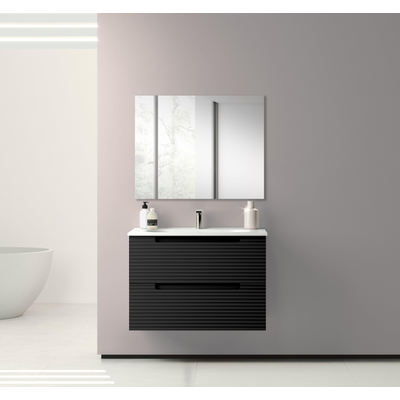 Adema Prime Balance Badkamermeubelset - 80x55x45cm - 1 ovale keramische wasbak wit - 1 kraangat - 2 lades - rechthoekige spiegel - mat zwart