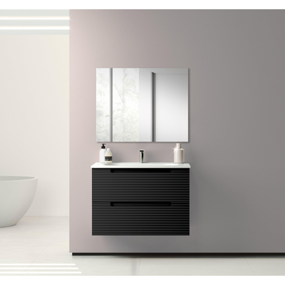 Saniclass Prime Balance Meuble de salle de bain - 80x55x45cm - 1 vasque rectangulaire en céramique blanc - 1 trou de robinet - 2 tiroirs - miroir rectangulaire - noir mat