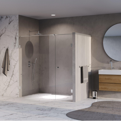 BRAUER Void Carving Nisdeur - 2-delig - 190x200cm - 70cm draaideur aan muur - glascoating - omkeerbaar - helder glas - Chroom