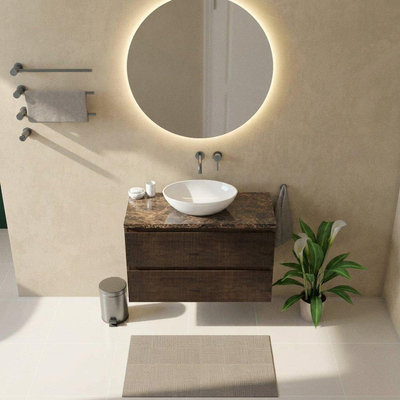 Saniclass Holz Atelier Ensemble de meubles de salle de bains - 100x45x63cm - Plan en pierre naturelle Noche dark emperador - sans trou de robinetterie - 2 tiroirs - chêne charcoal mat (bois)