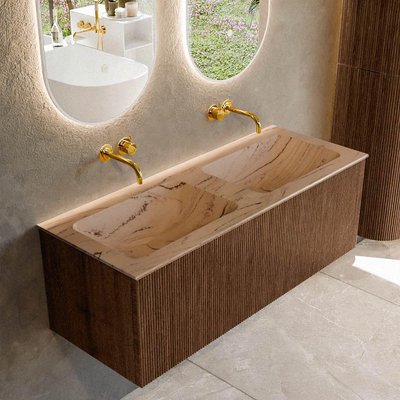 MONDIAZ KURVE-DLUX Meuble de salle de bains 120cm couleur Walnut avec 1 tiroir et 0 porte. Lavabo LEAF Double sans trou de robinet Arena.