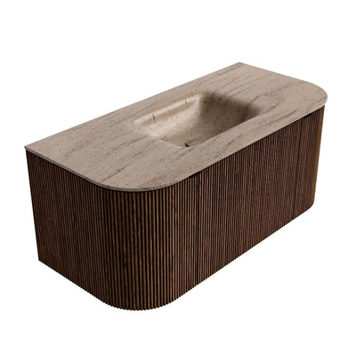 MONDIAZ KURVE-DLUX 100cm badmeubel ronding Links + Rechts kleur Walnut met 1 lade en 2 deuren. Wastafel GRUNNE Midden zonder kraangat Saba.