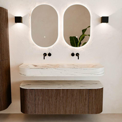 MONDIAZ THOR-DLUX 130cm meuble de salle de bains arrondi gauche + droite couleur Walnut avec 1 tiroir et 2 portes. Vasque suspendue CLOUD Double sans trou de robinet couleur Nata.