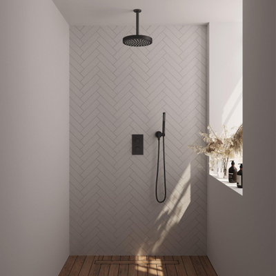 BRAUER Stripe Thermostatische Inbouw Regendouche - 3-weg - rechthoekig - SET 15 - 25cm douchekop - plafondarm - staaf handdouche - doucheslang - wandaansluitbocht - mat zwart