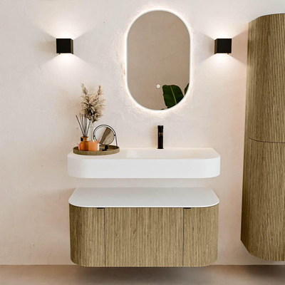 MONDIAZ THOR 100cm meuble de salle de bains arrondi gauche + droite couleur Dusk avec 1 tiroir et 2 portes. Vasque suspendue CLOUD droite 1 trou de robinet couleur Talc.