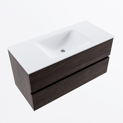 Mondiaz VICA ensemble de meuble de salle de bain - 100cm - meuble sous-vasque marron foncé - 2 tiroirs - lavabo cloud milieu - 1 trou de robinet - version haute de 60cm - talc