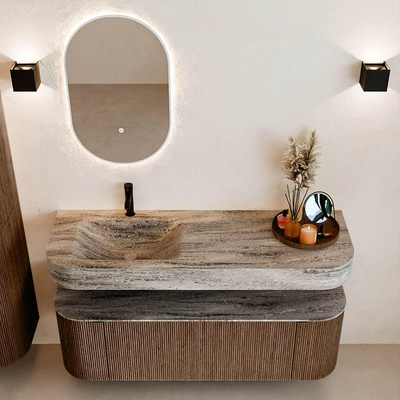 MONDIAZ THOR-DLUX 140cm badmeubel ronding links + rechts kleur Walnut met 1 lade en 2 deuren. Vrijhangende wastafel CLOUD Links 1 kraangat kleur Oza.