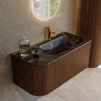 MONDIAZ KURVE-DLUX 95cm badmeubel met module 25 L kleur Walnut met 1 lade en 1 deur. Wastafel BIG SMALL rechts 1 kraangat kleur Lava.