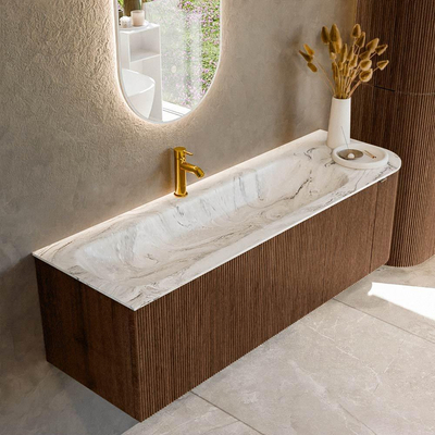 MONDIAZ KURVE-DLUX meuble de salle de bains 145cm avec module 25 R couleur Walnut avec 1 tiroir et 1 porte. Lavabo BIG LARGE gauche 1 trou de robinet couleur Glace.