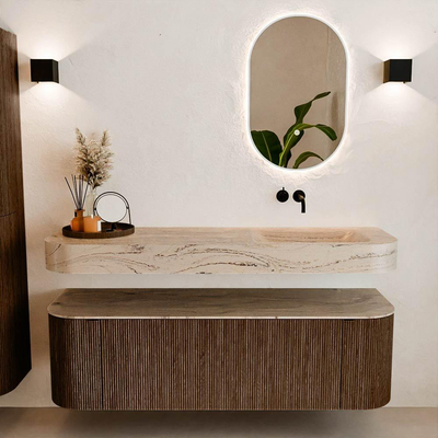 MONDIAZ THOR-DLUX 150cm meuble de salle de bains arrondi gauche + droite couleur Walnut avec 1 tiroir et 2 portes. Vasque suspendue CLOUD droite sans trou de robinet couleur Arena.